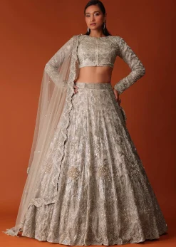 Gold Hand Embroidered Bridal Lehenga Set In Organza