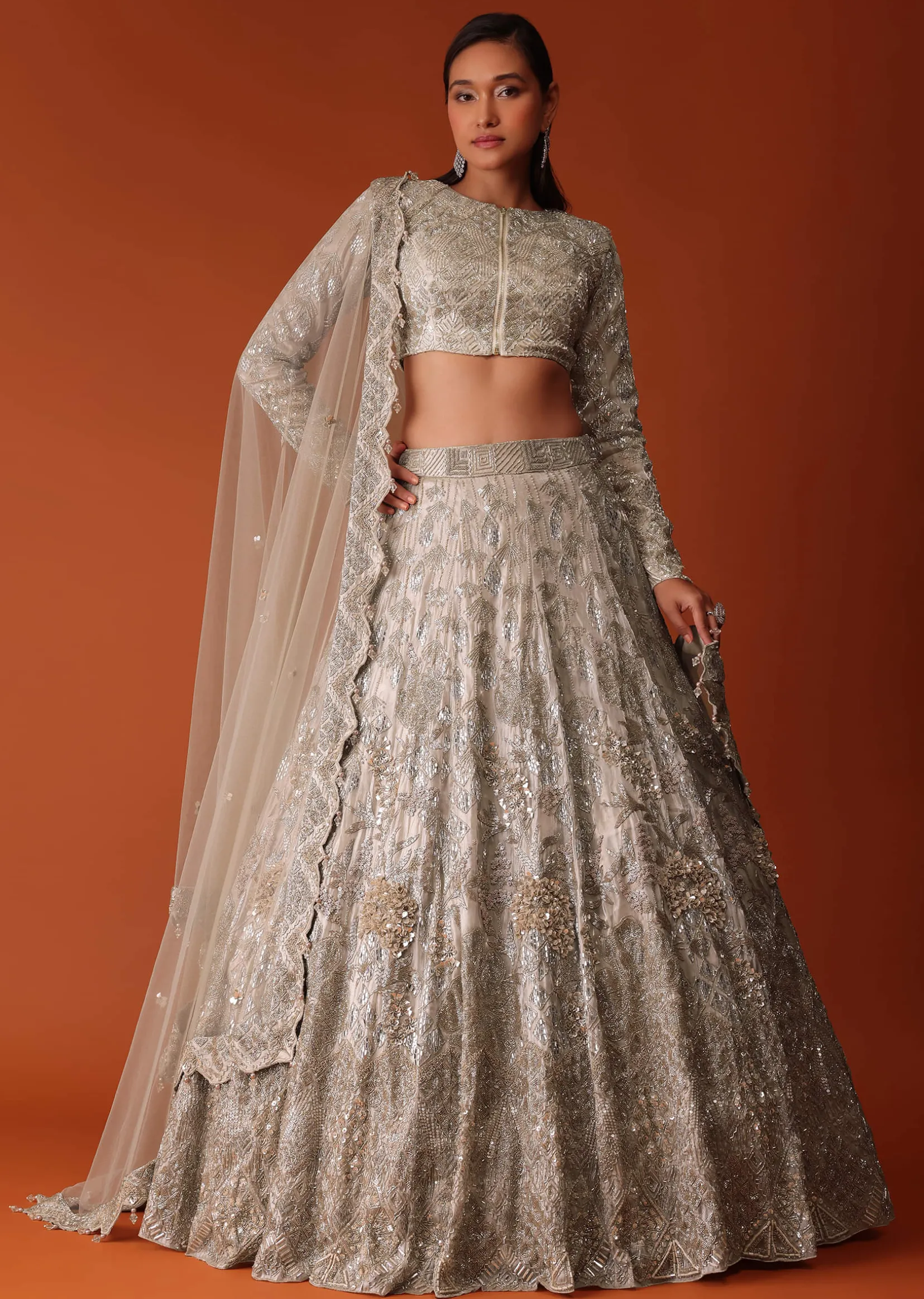 Gold Hand Embroidered Bridal Lehenga Set In Organza