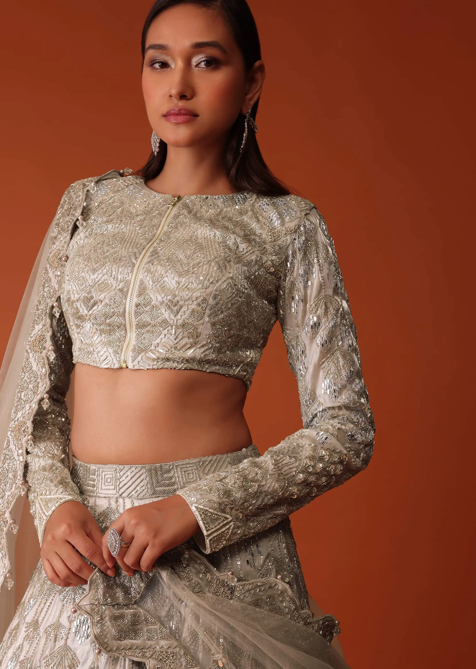 Gold Hand Embroidered Bridal Lehenga Set In Organza