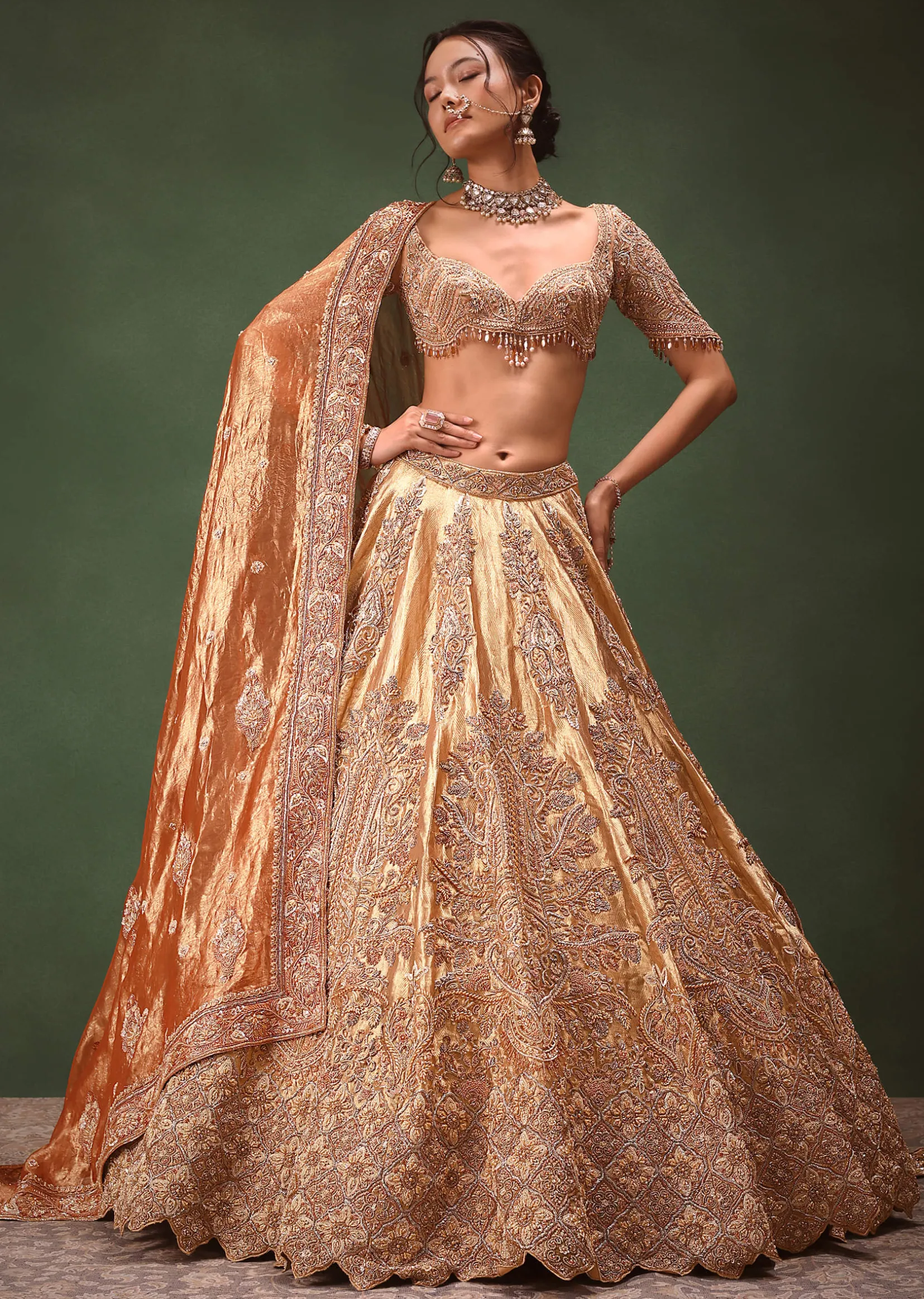 Gold Hand Embroidered Lehenga Set With Zardosi and Gold Sequence Work