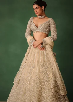 Gold Hand Embroidered Lehenga Set In Raw Silk With Dupatta