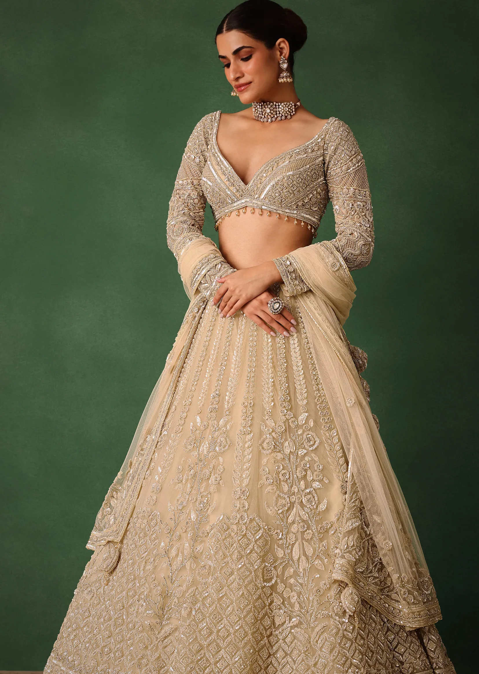 Gold Hand Embroidered Lehenga Set In Raw Silk With Dupatta