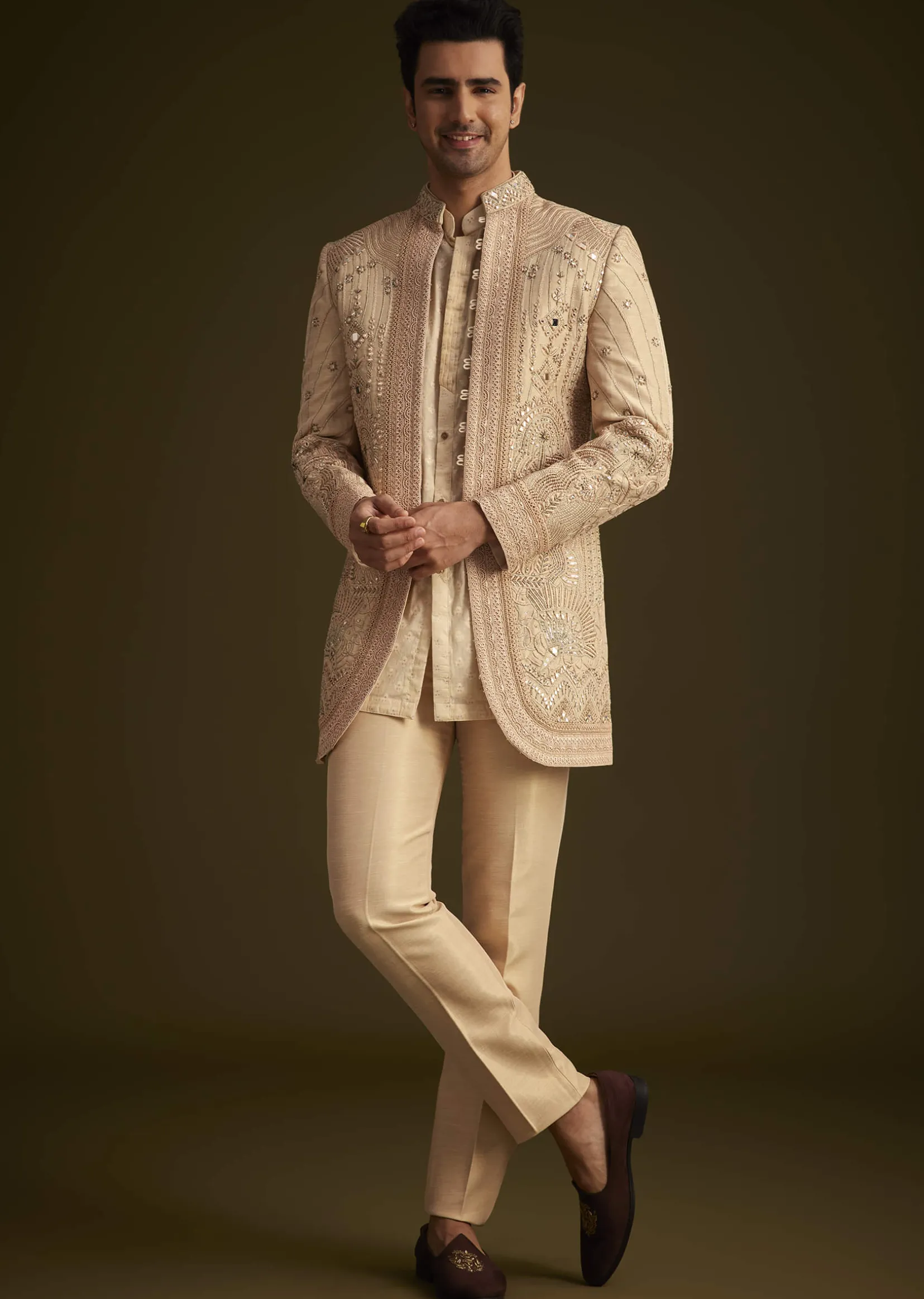 Gold Hand Embroidered Sherwani Set With Intricate Detailing