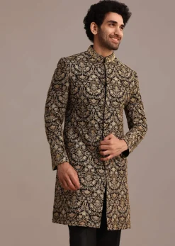 Gold Hand Embroidered Silk Sherwani Suit