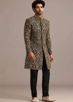 Gold Hand Embroidered Silk Sherwani Suit