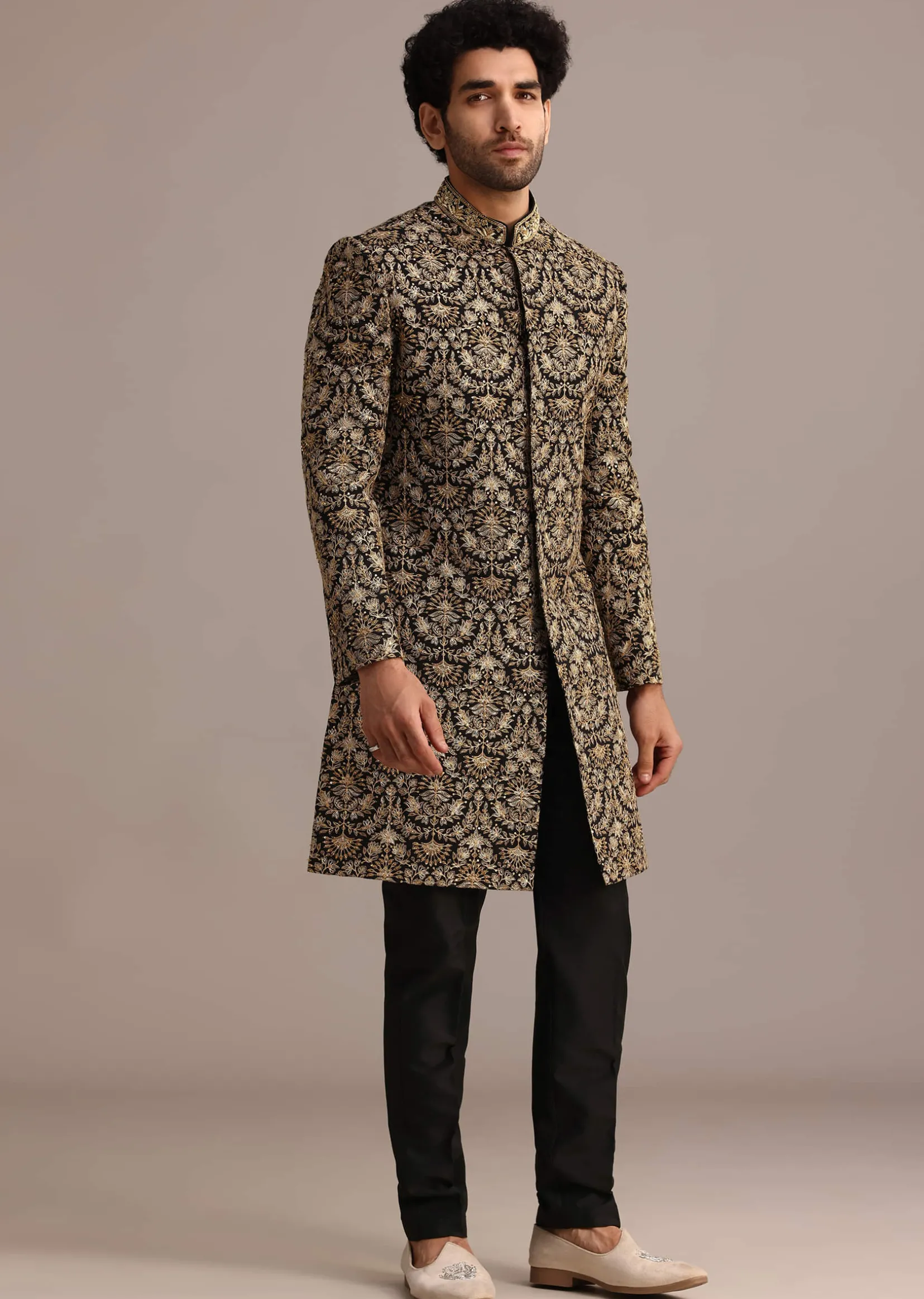 Gold Hand Embroidered Silk Sherwani Suit
