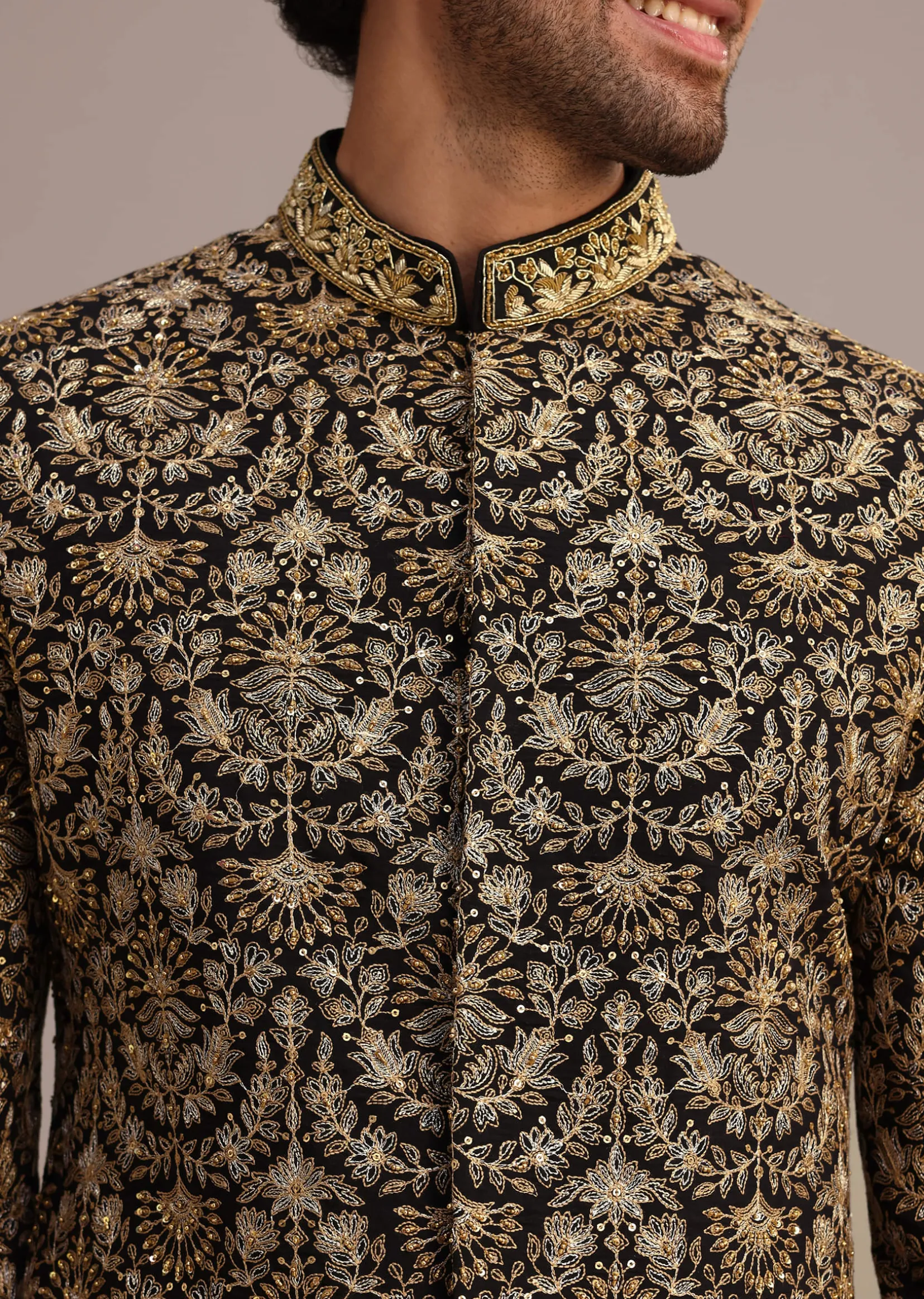 Gold Hand Embroidered Silk Sherwani Suit