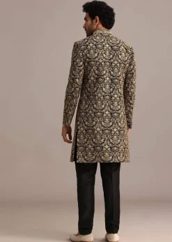 Gold Hand Embroidered Silk Sherwani Suit