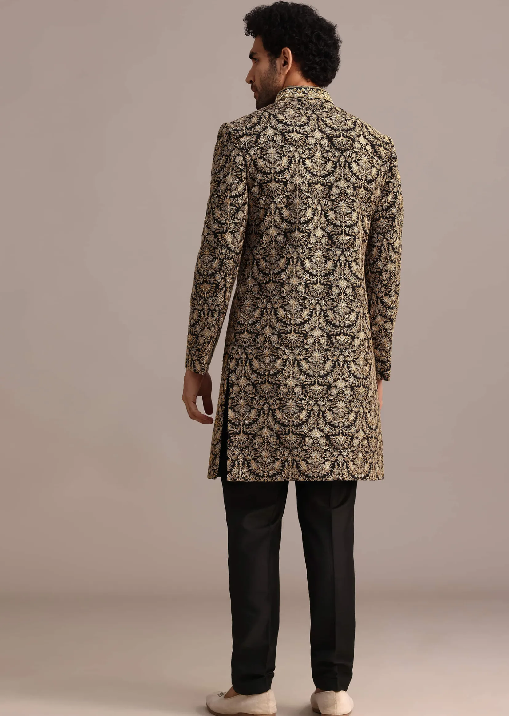 Gold Hand Embroidered Silk Sherwani Suit