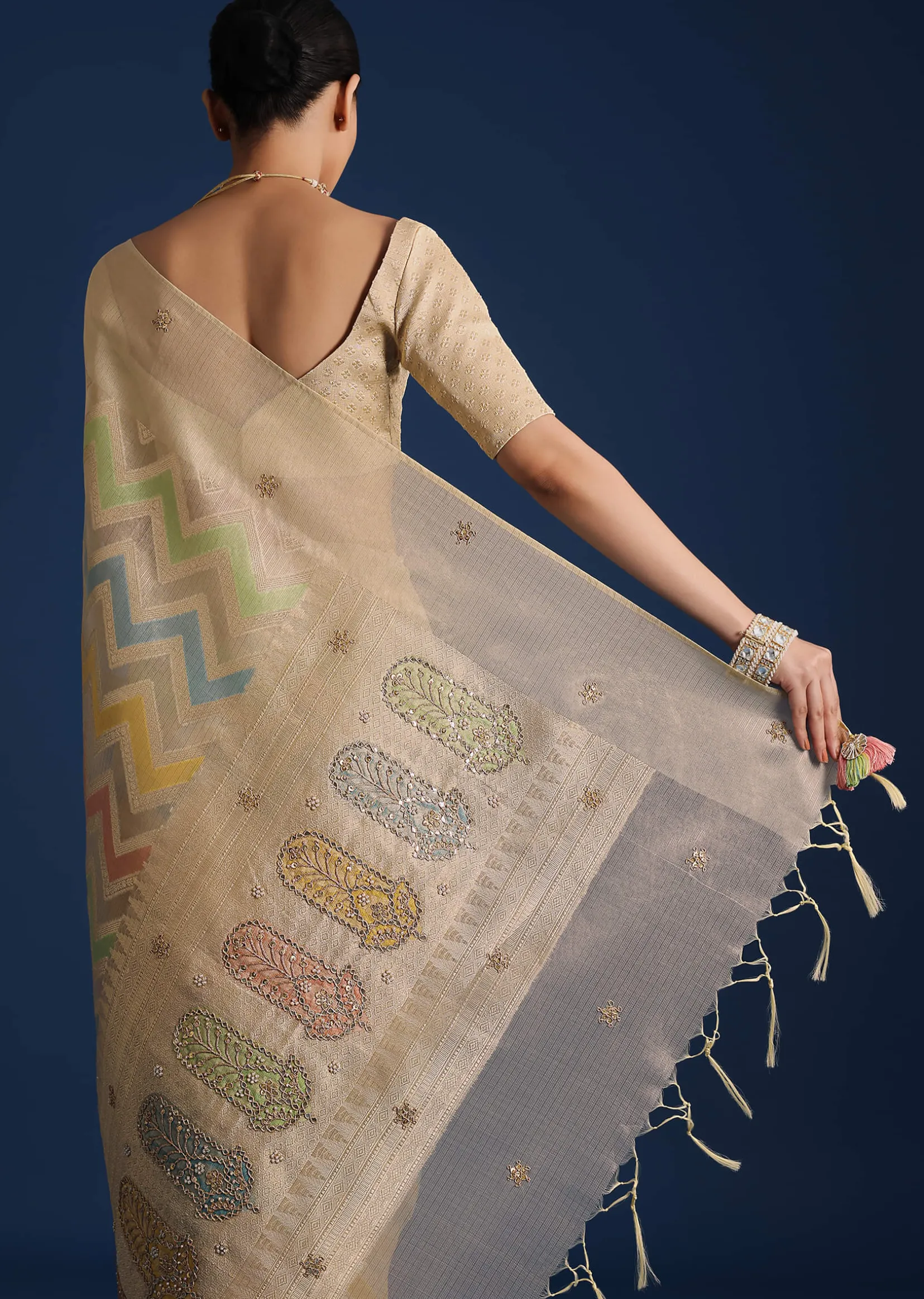Gold Handloom Tissue Chanderi Rangkart Saree with Zardosi Work