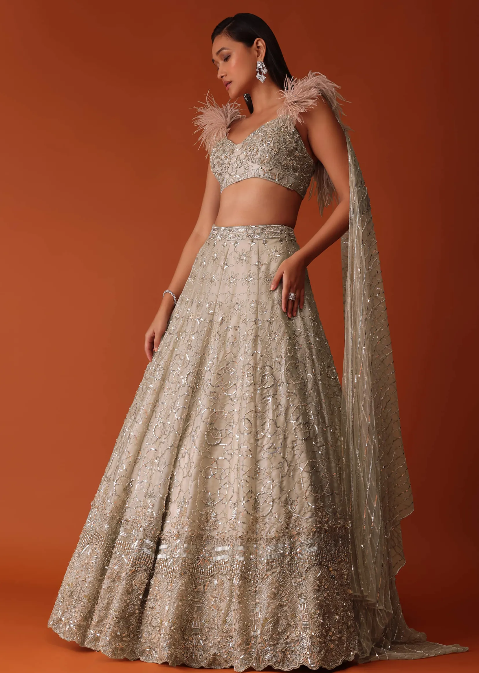 Gold Heavy Hand Embroidered Bridal Lehenga Set In Organza