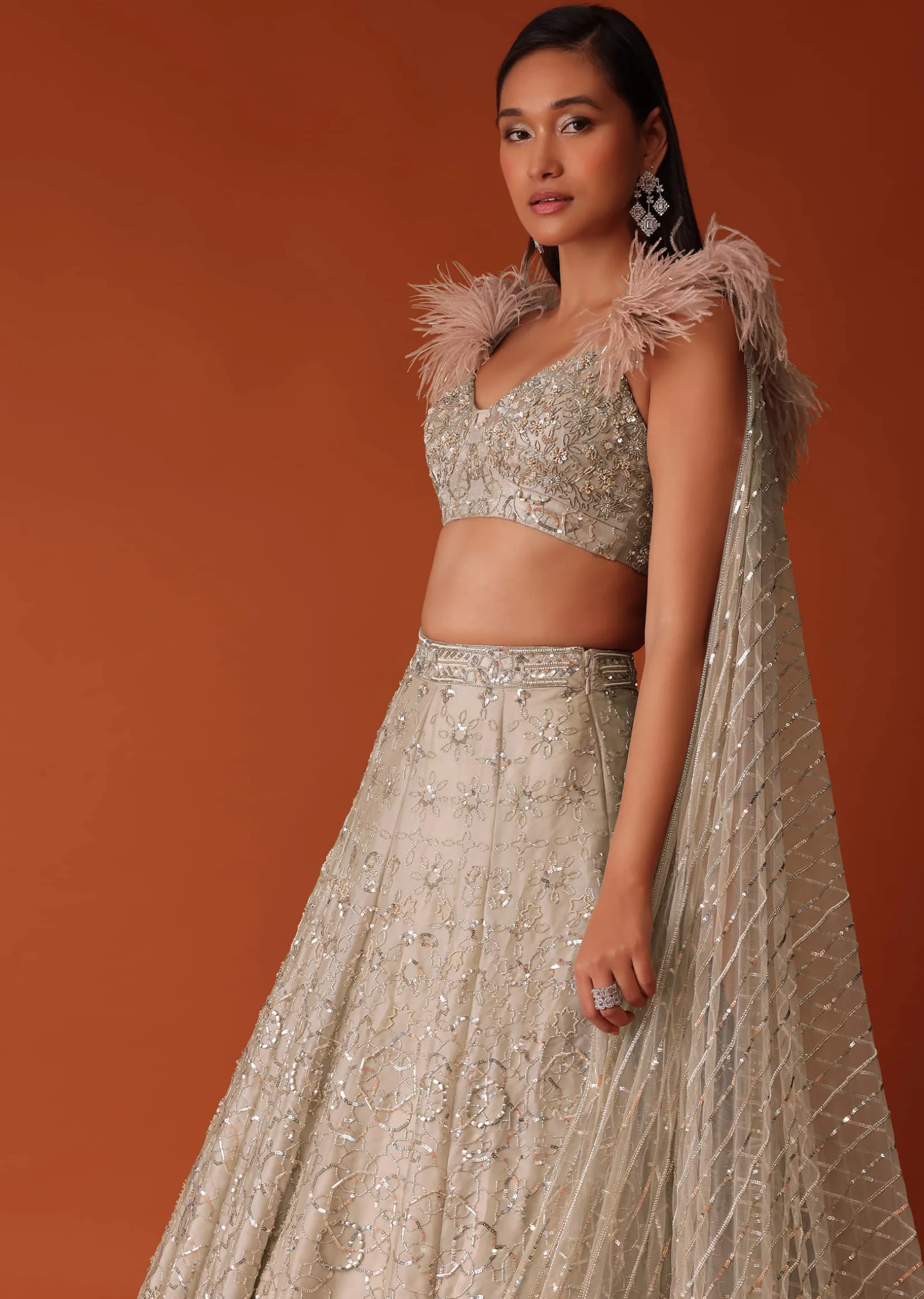Gold Heavy Hand Embroidered Bridal Lehenga Set In Organza