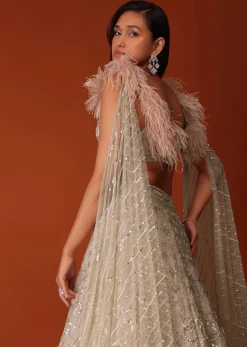 Gold Heavy Hand Embroidered Bridal Lehenga Set In Organza