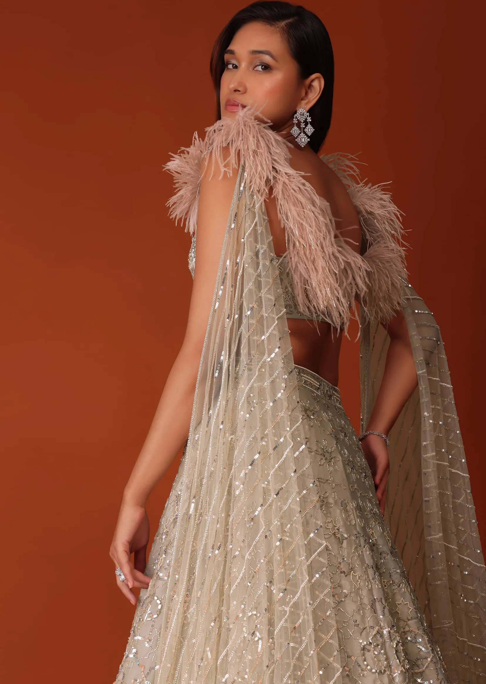 Gold Heavy Hand Embroidered Bridal Lehenga Set In Organza