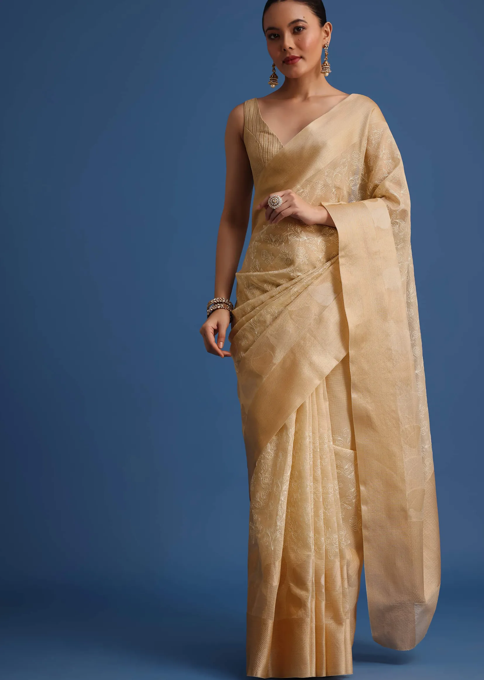 Gold Kota Cotton Resham Embroidered Saree