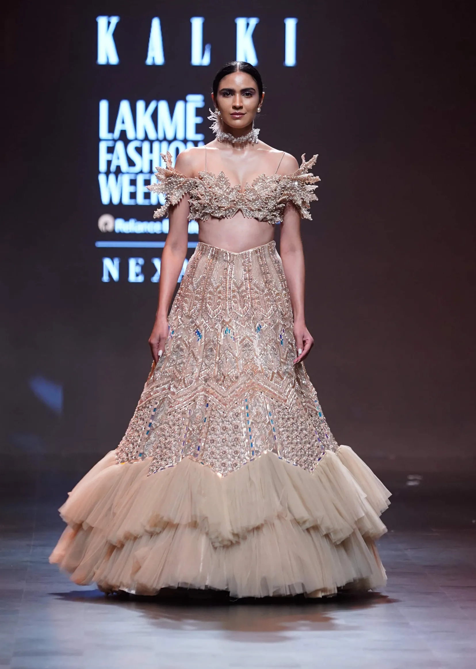 Gold Off Shoulder Blouse And Layered Skirt Set With Patchwork Embroidery