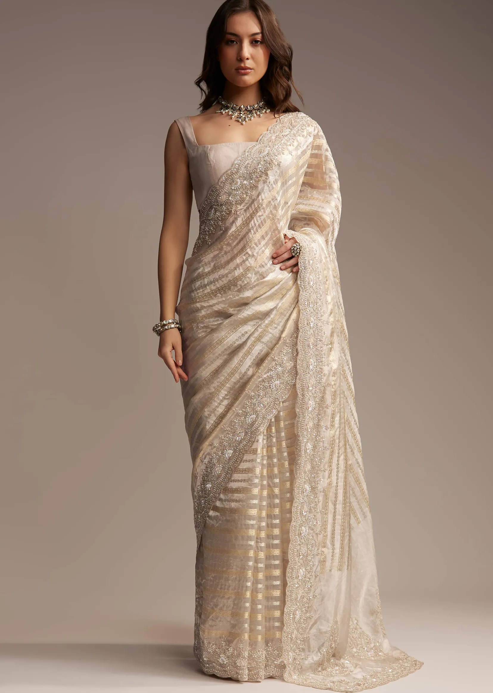 Gold Organza Saree with Cutdana and Sequins Embroidery