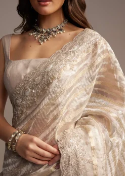 Gold Organza Saree with Cutdana and Sequins Embroidery