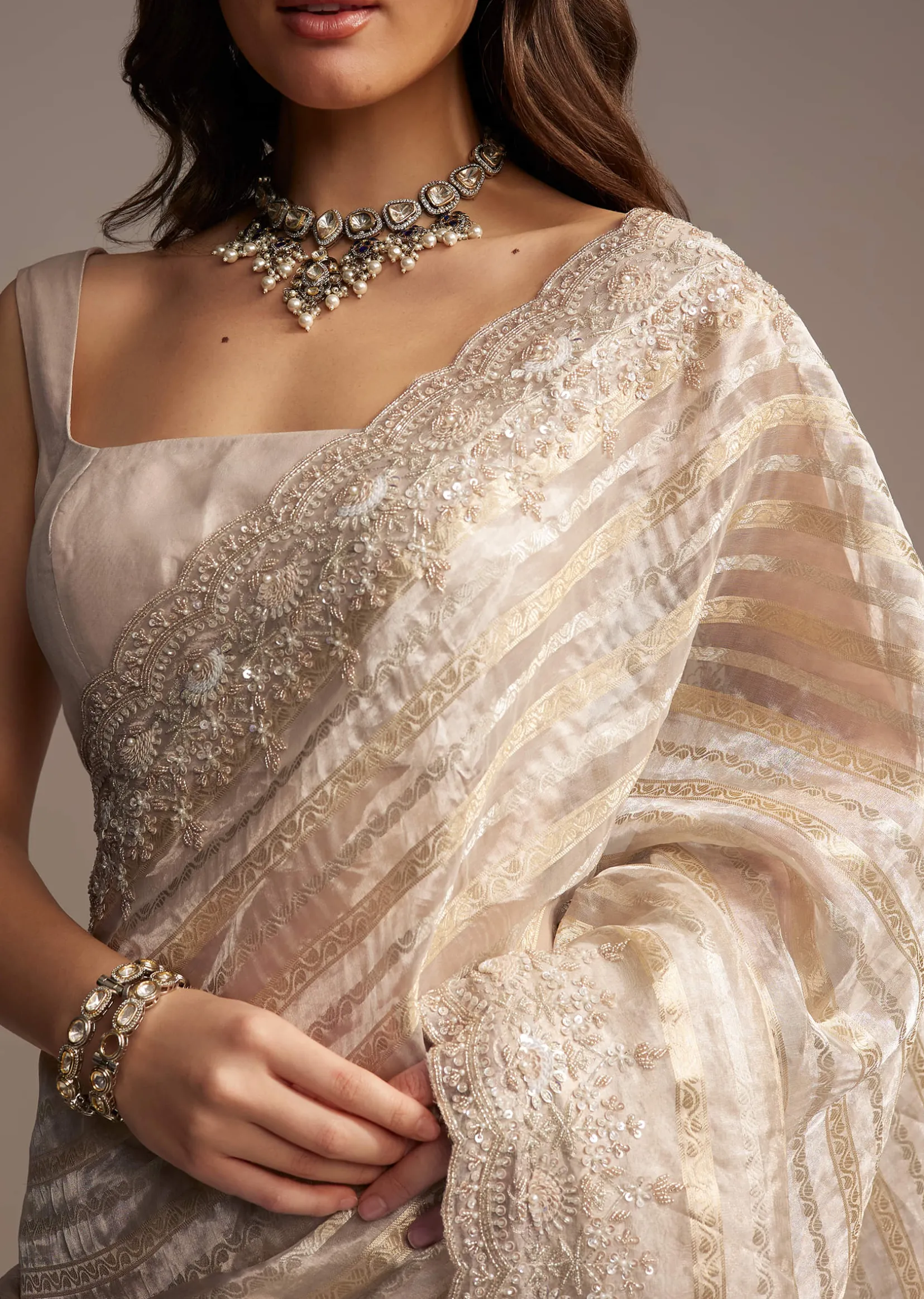 Gold Organza Saree with Cutdana and Sequins Embroidery