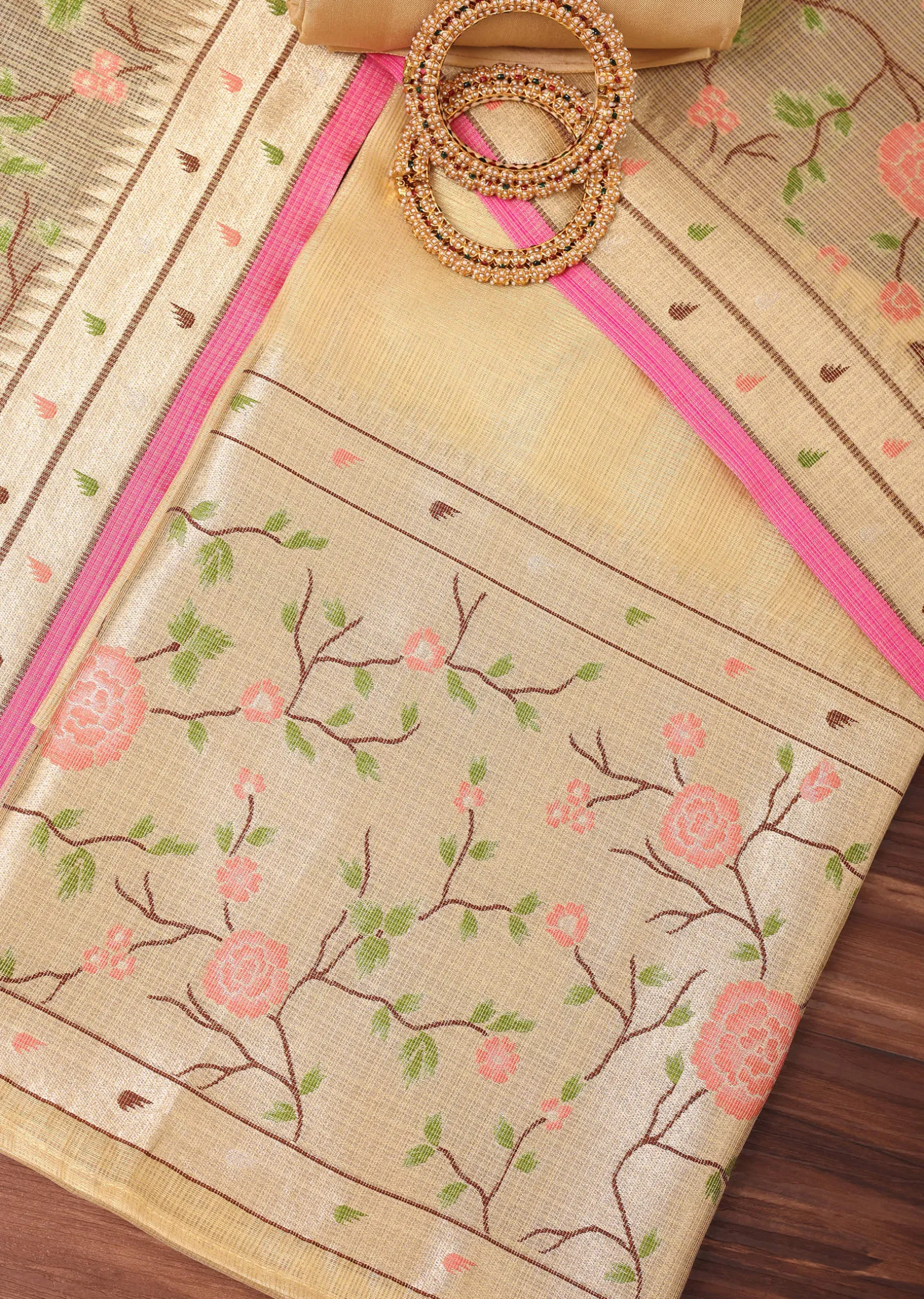 Gold Paithani Woven Silk Dress Material