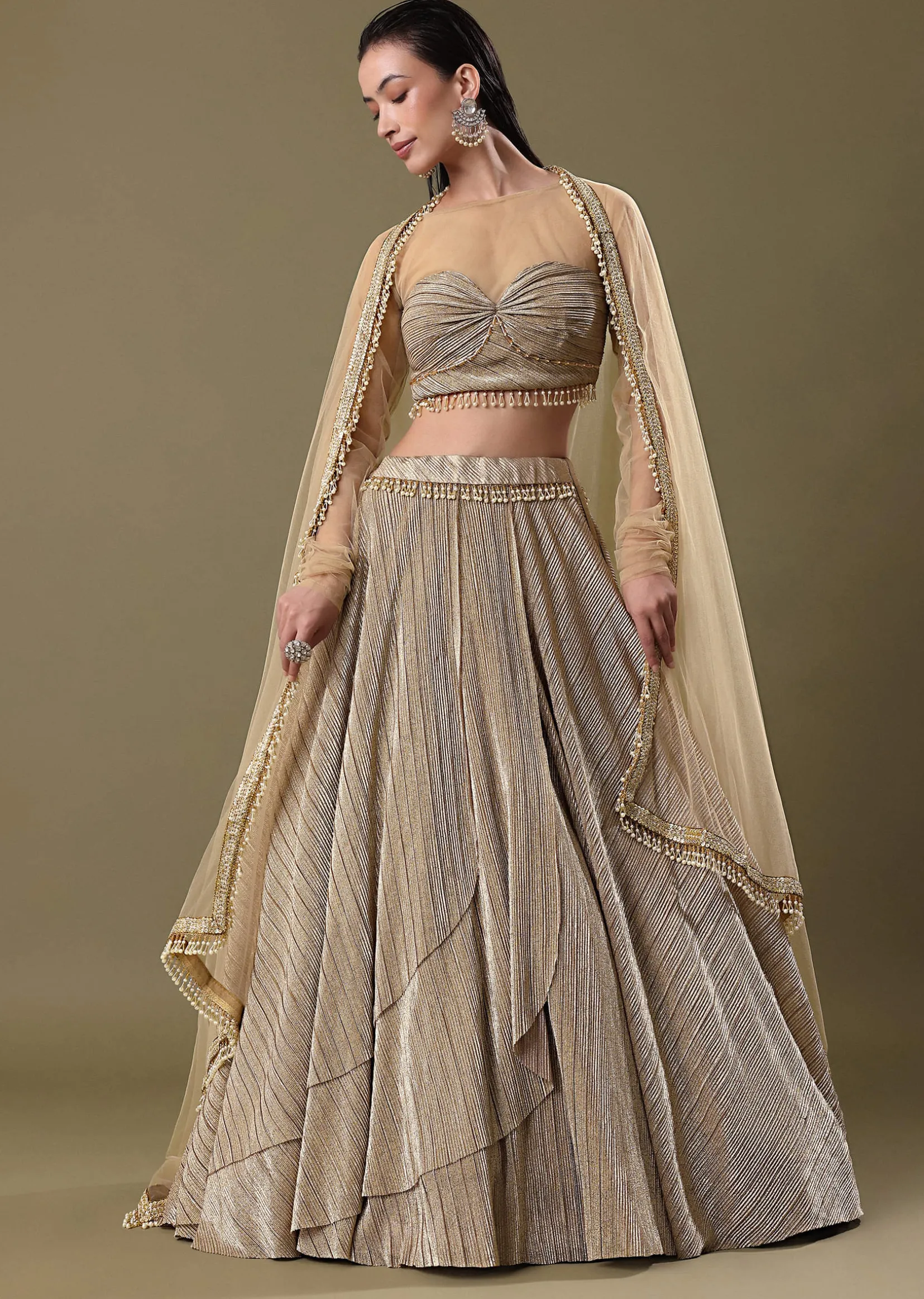 Gold Pre Pleated Lehenga With Dupatta