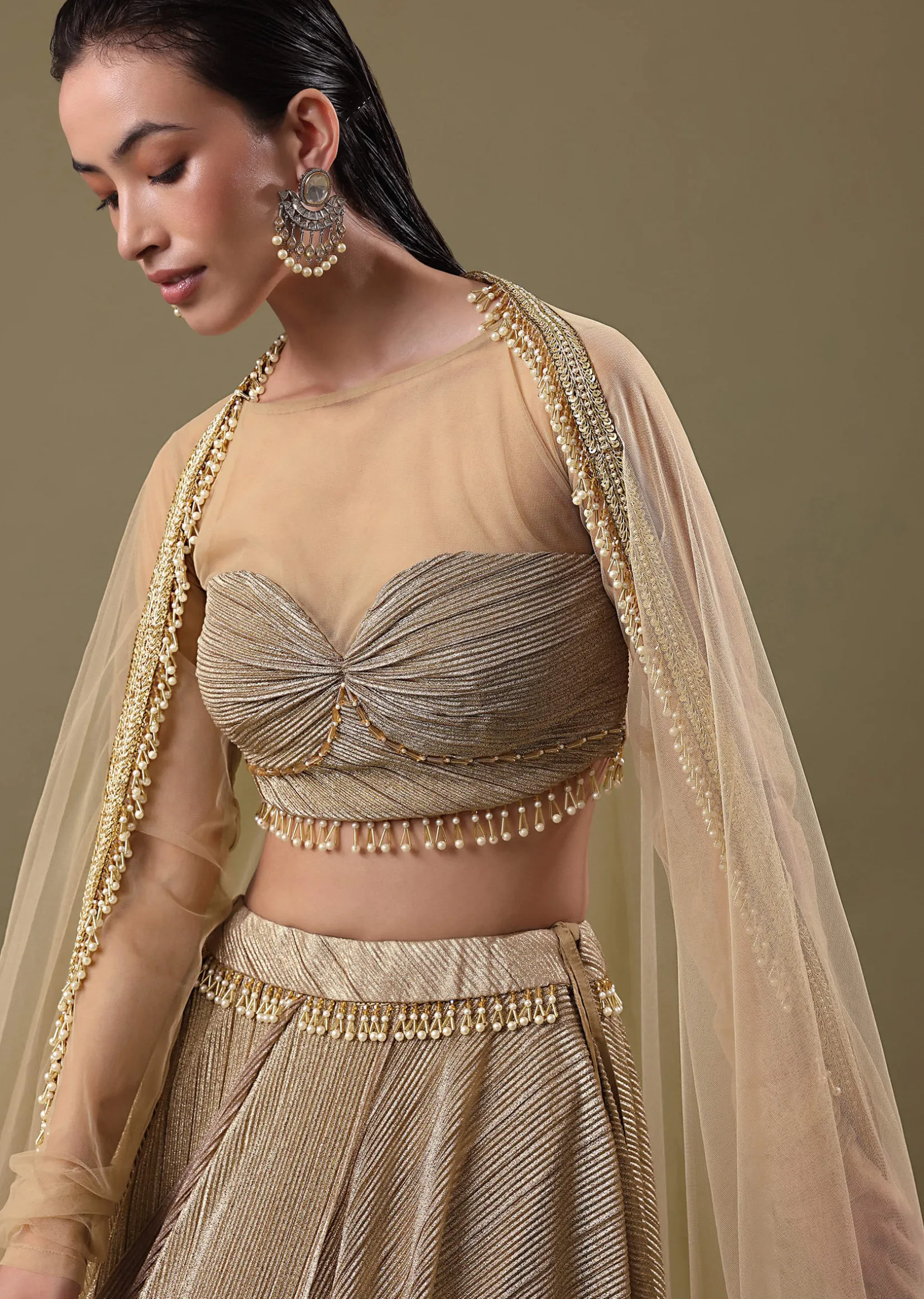 Gold Pre Pleated Lehenga With Dupatta