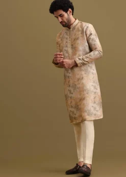 Gold Printed Silk Zipper Kurta Set For Men