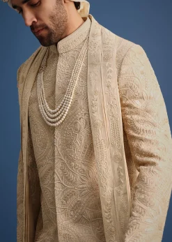 Gold Raw Silk Sherwani Suit With Hand Work