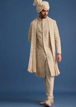 Gold Raw Silk Sherwani Suit With Hand Work