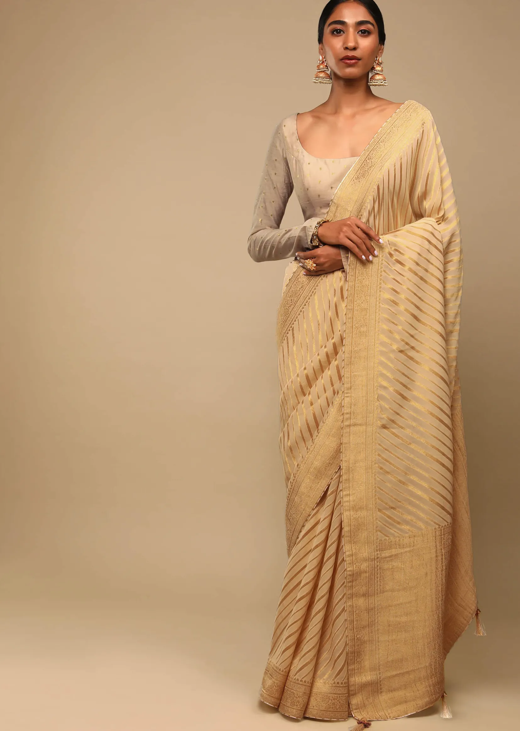 Gold Saree In Georgette With Woven Diagonal Stripes, Floral Pallu And Unstitched Blouse