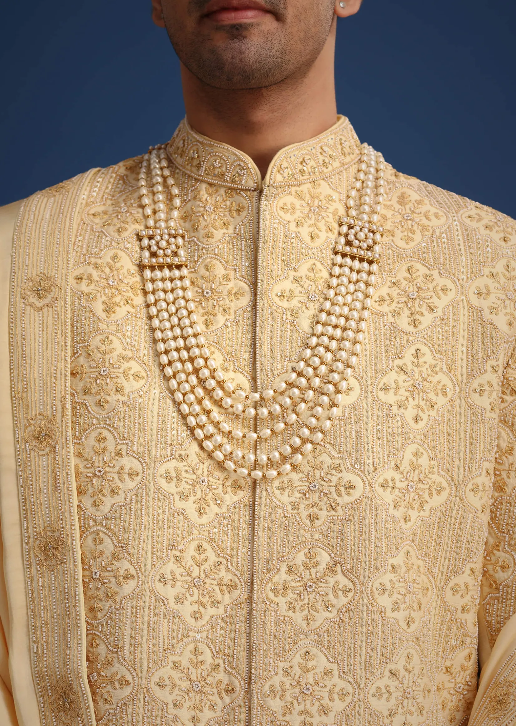 Gold Silk Embroidered Sherwani Set With Dupatta