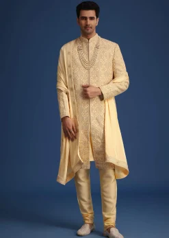 Gold Silk Embroidered Sherwani Set With Dupatta