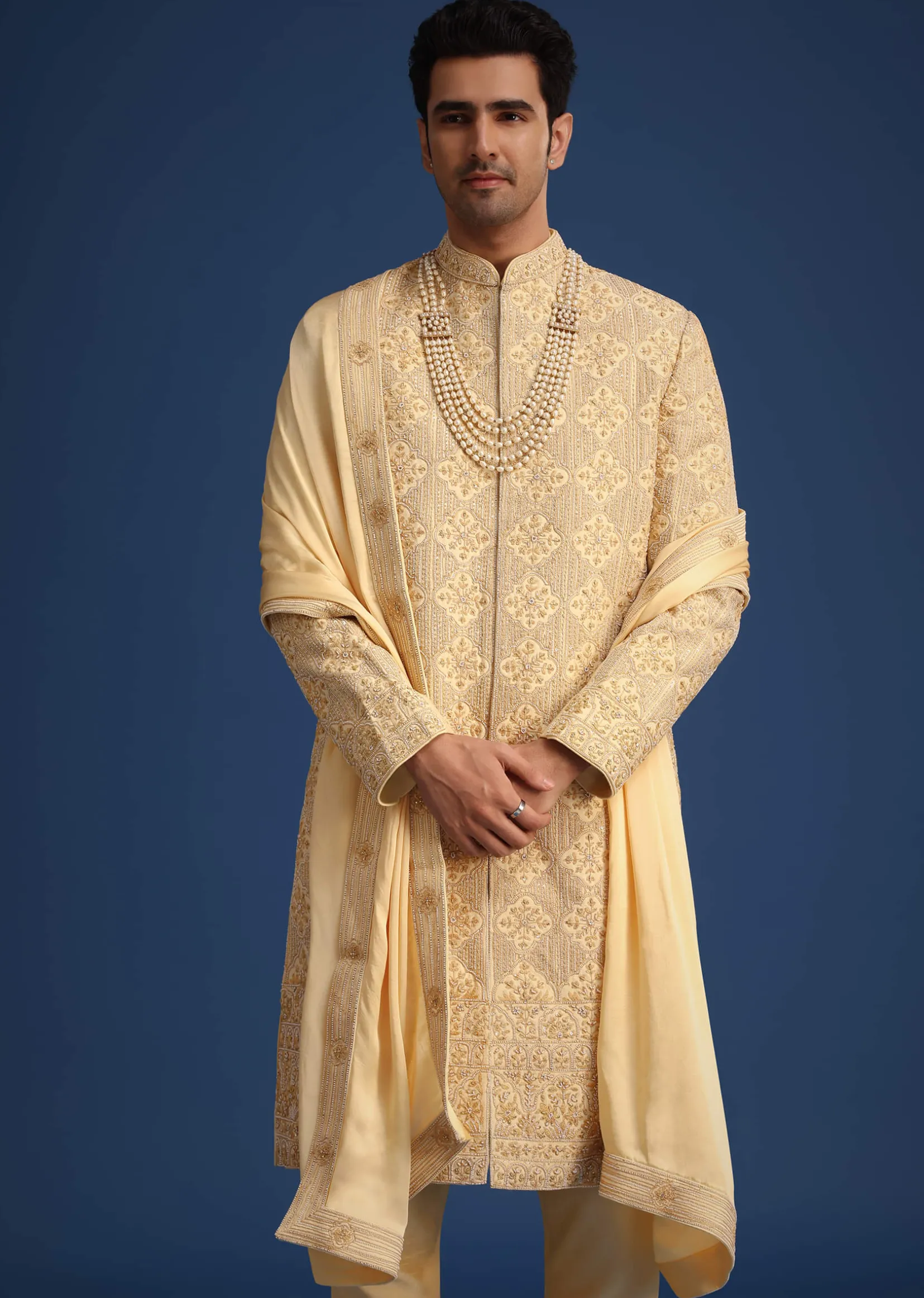 Gold Silk Embroidered Sherwani Set With Dupatta