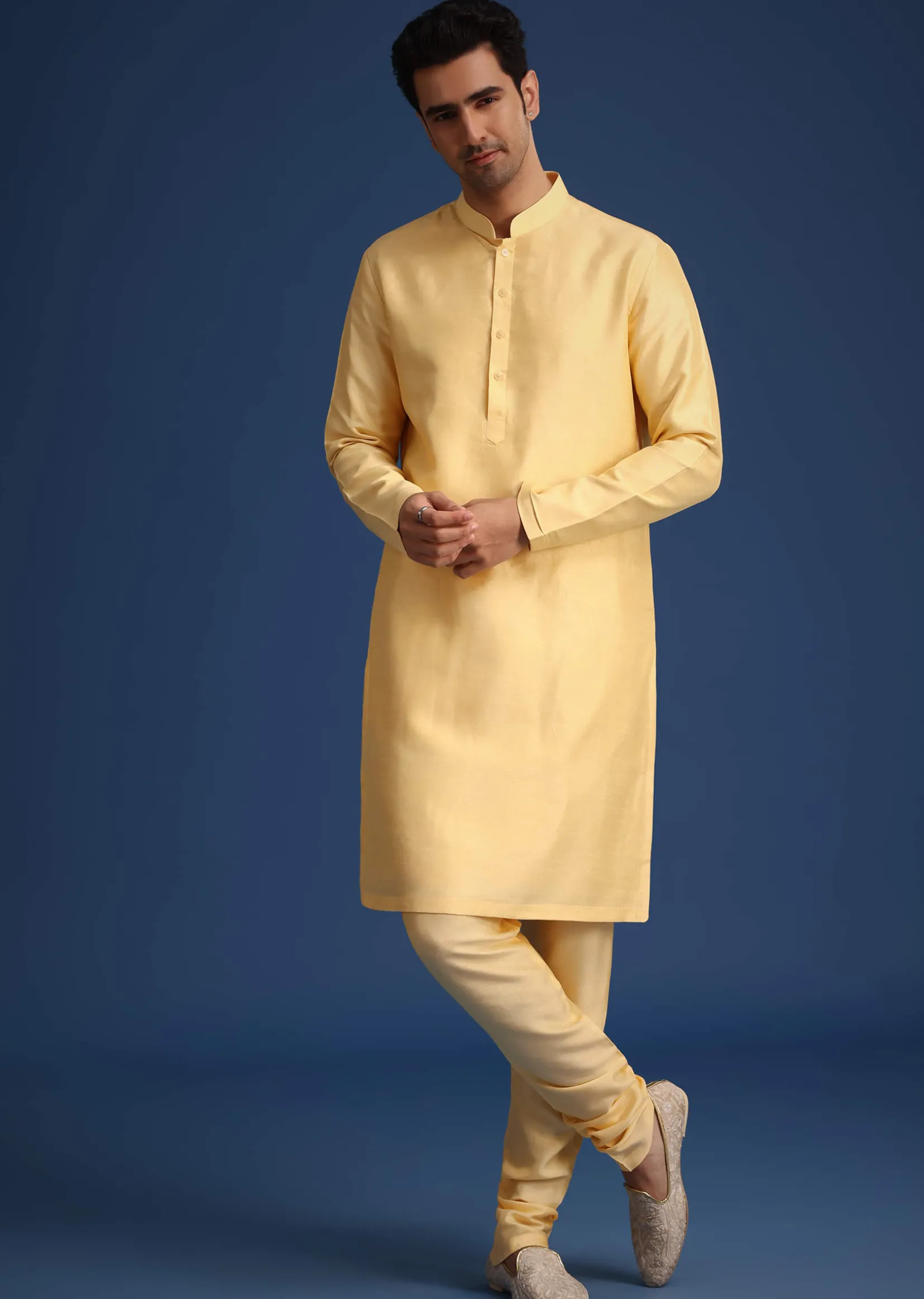 Gold Silk Embroidered Sherwani Set With Dupatta