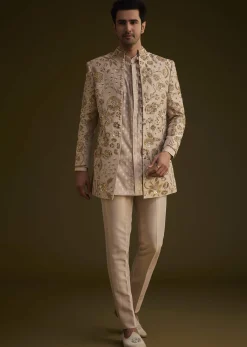Gold Silk Indowestern Suit With Floral Zardosi Embroidery