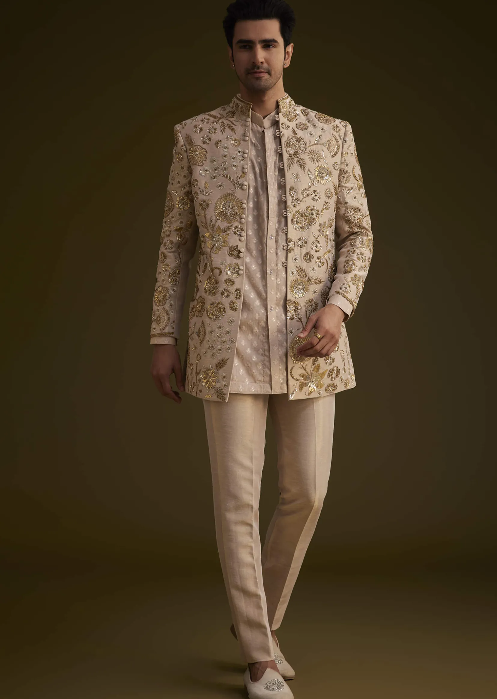Gold Silk Indowestern Suit With Floral Zardosi Embroidery
