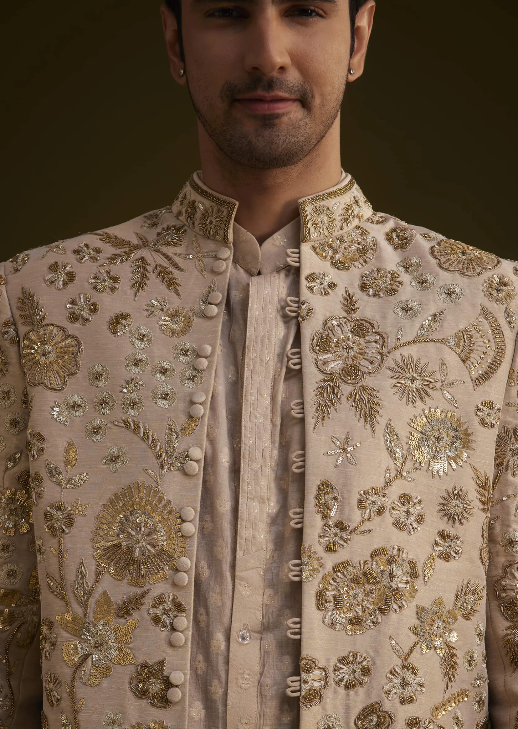 Gold Silk Indowestern Suit With Floral Zardosi Embroidery