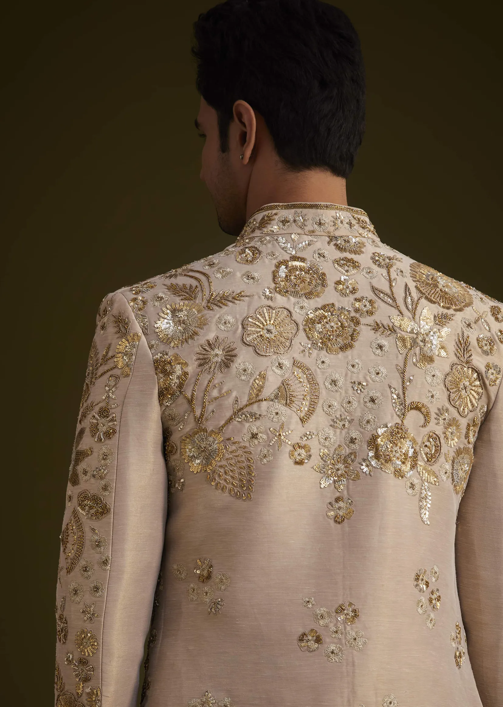 Gold Silk Indowestern Suit With Floral Zardosi Embroidery