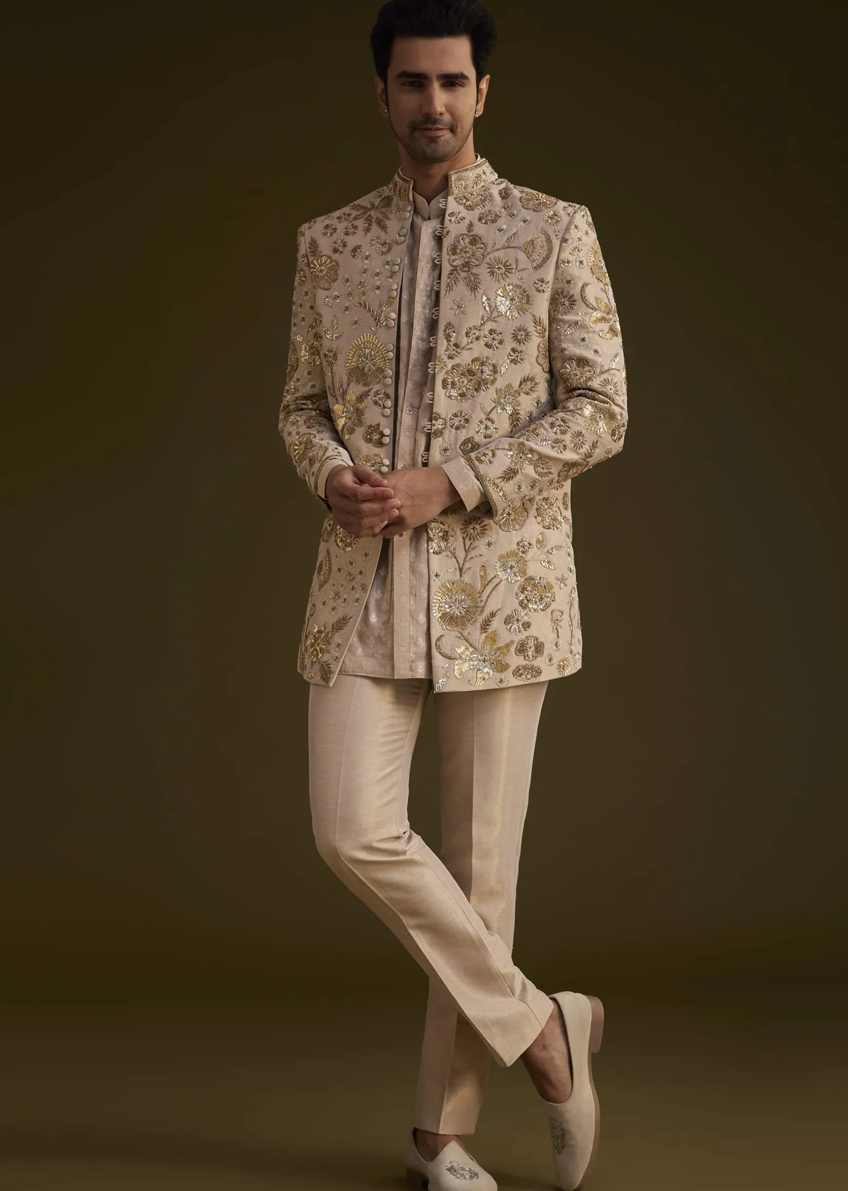 Gold Silk Indowestern Suit With Floral Zardosi Embroidery