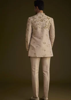 Gold Silk Indowestern Suit With Floral Zardosi Embroidery