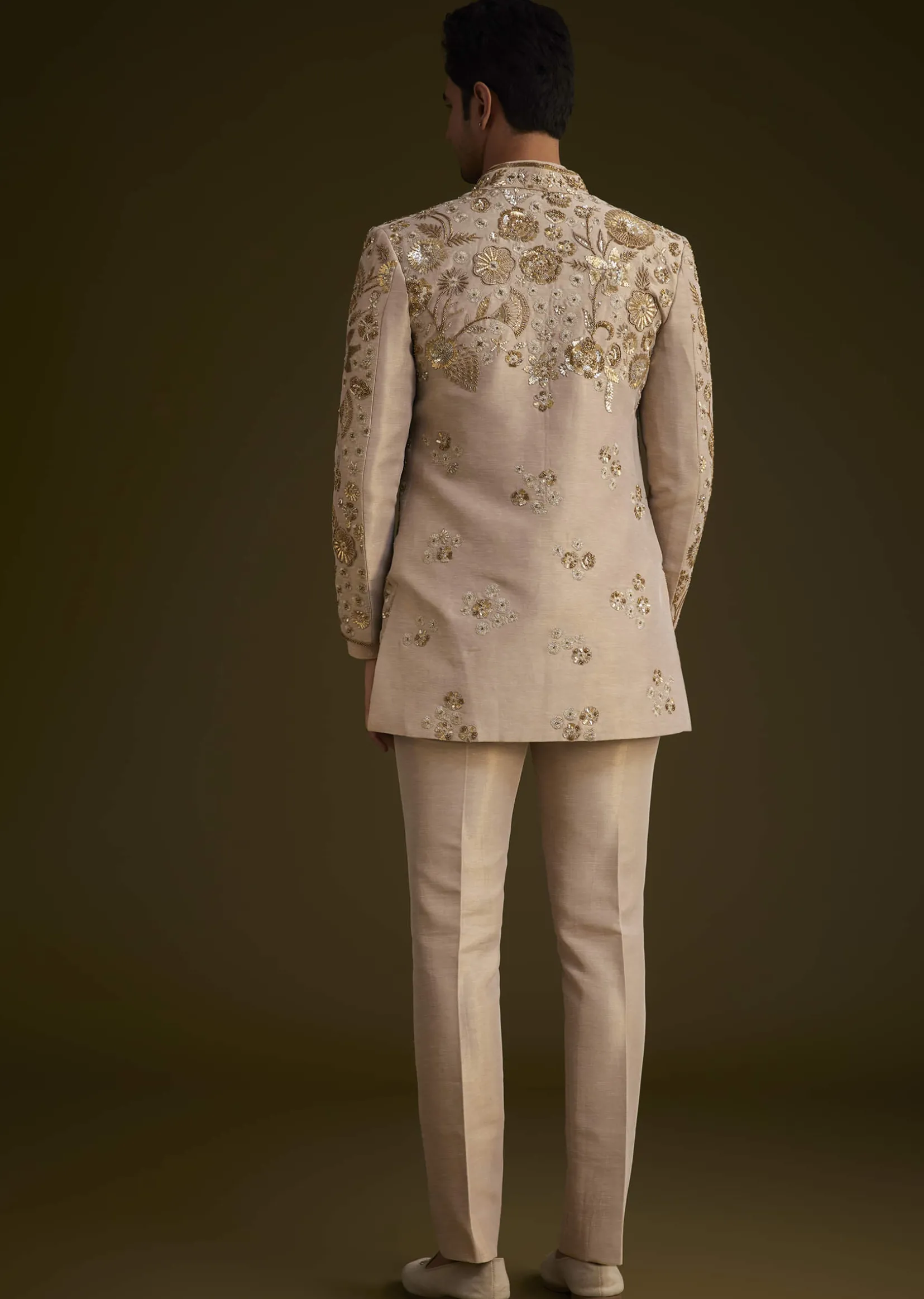 Gold Silk Indowestern Suit With Floral Zardosi Embroidery