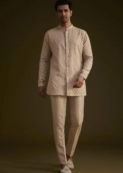 Gold Silk Indowestern Suit With Floral Zardosi Embroidery