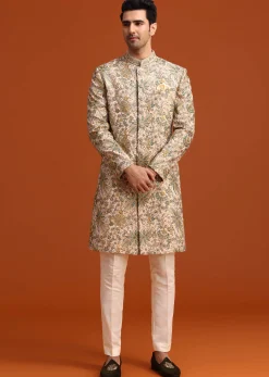 Gold Silk Sherwani Set Hand Embroidered Motifs