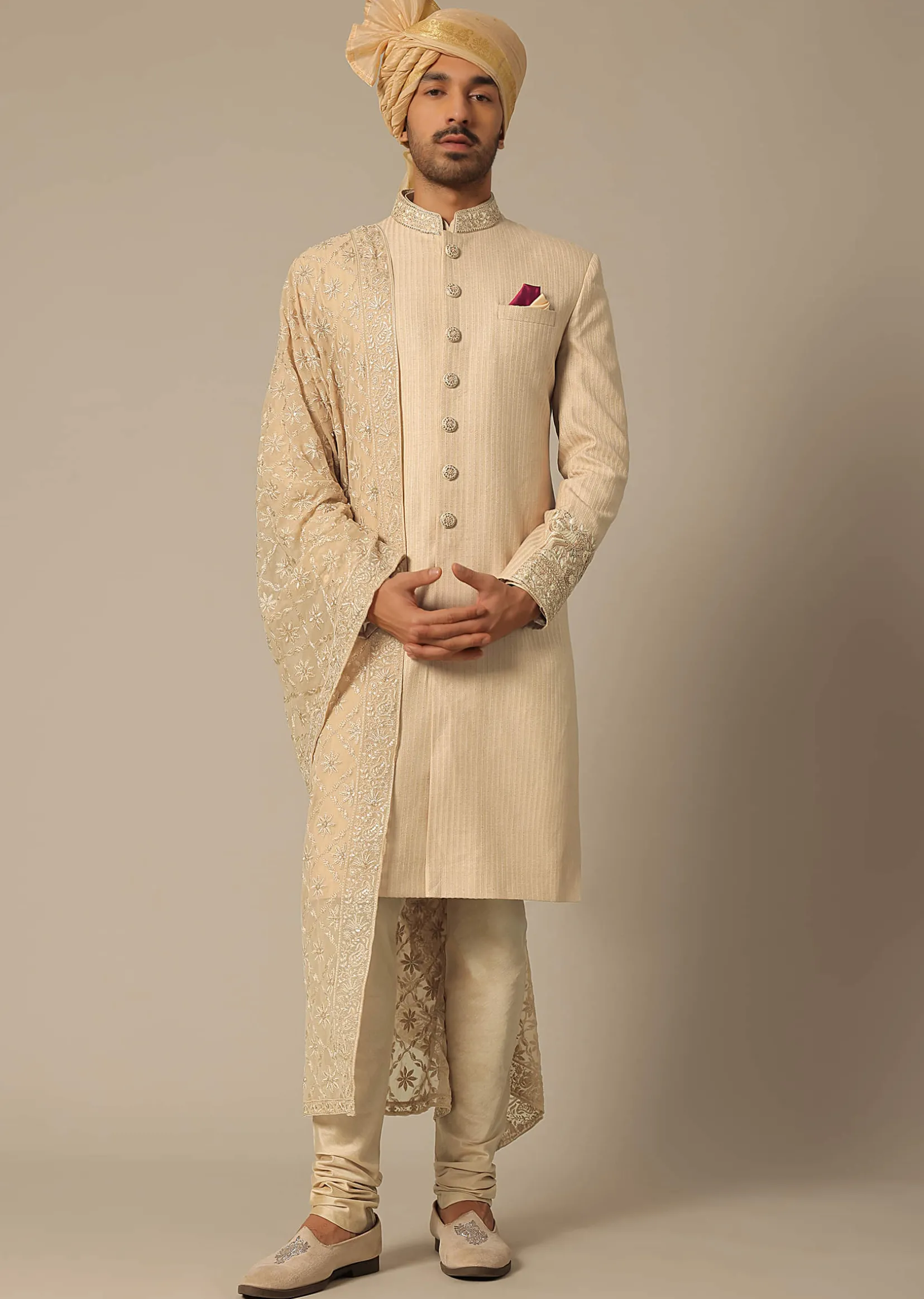 Gold Silk Sherwani Set With Embroidered Detail