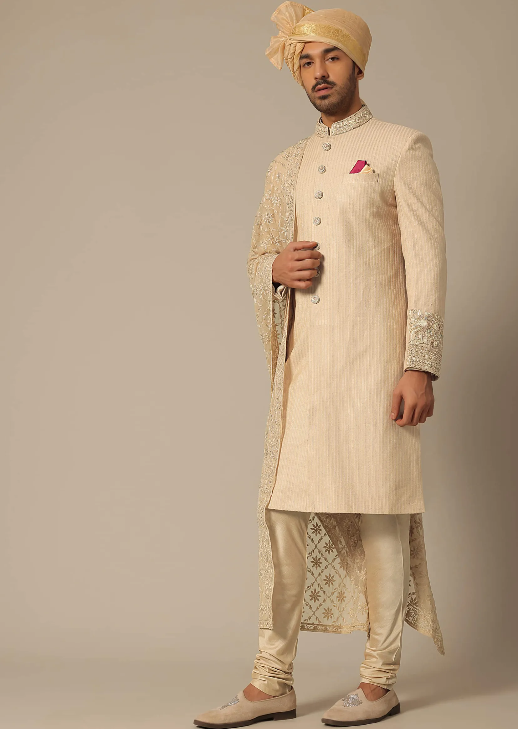 Gold Silk Sherwani Set With Embroidered Detail