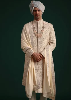 Gold Silk Zari Embroidered Sherwani Suit With Dupatta And Mala