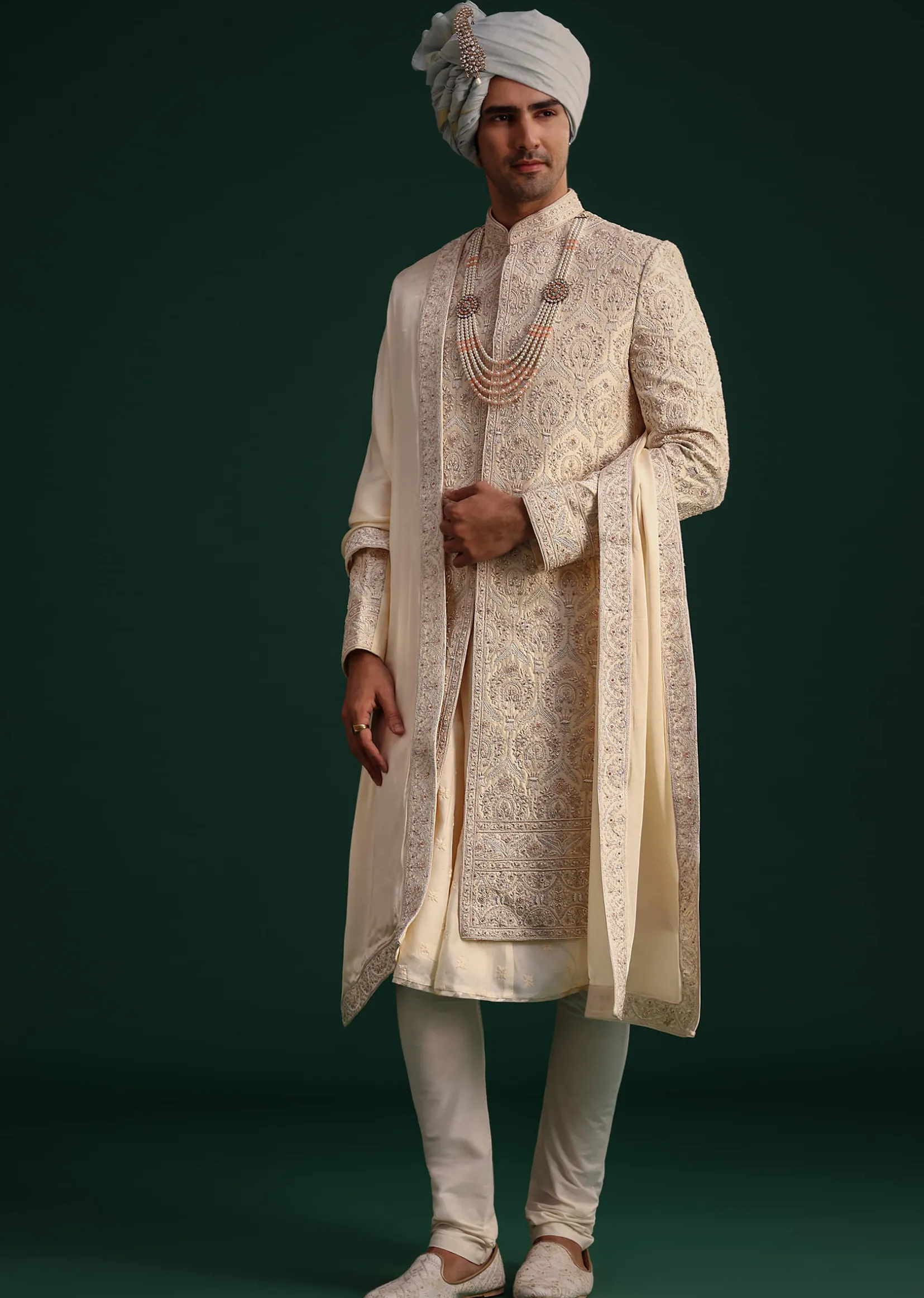 Gold Silk Zari Embroidered Sherwani Suit With Dupatta And Mala