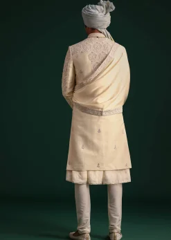 Gold Silk Zari Embroidered Sherwani Suit With Dupatta And Mala