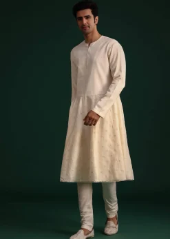 Gold Silk Zari Embroidered Sherwani Suit With Dupatta And Mala