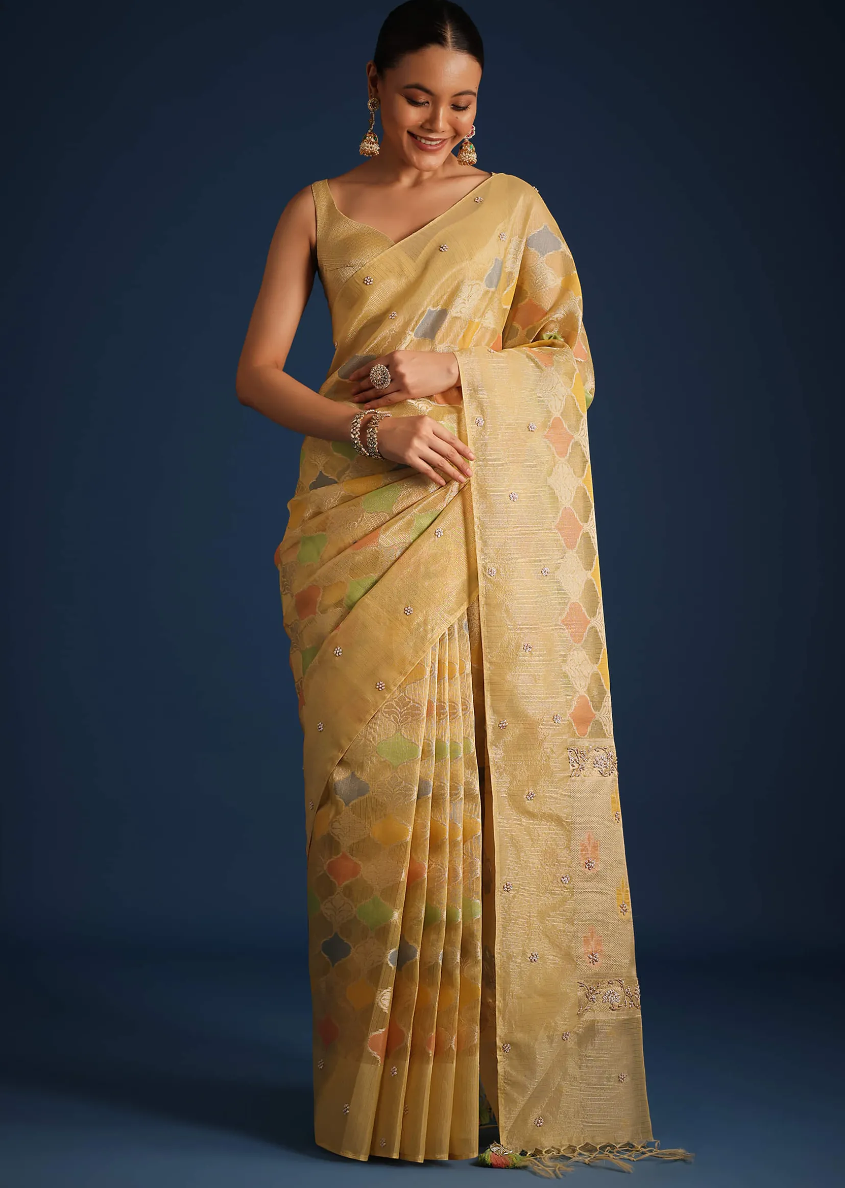 Gold Tissue Chanderi Rangkart Saree with Zardosi Work
